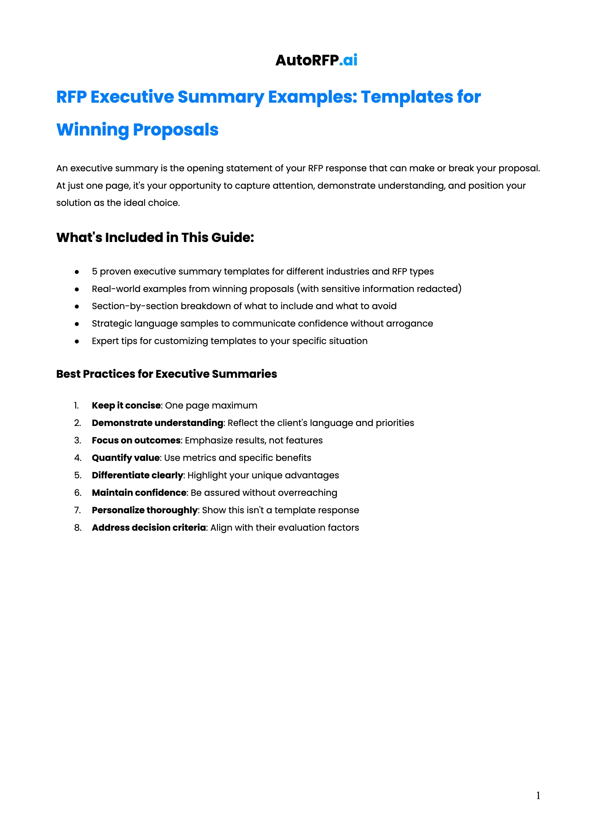 RFP Executive Summary Examples: Templates for Winning Proposals, page 1