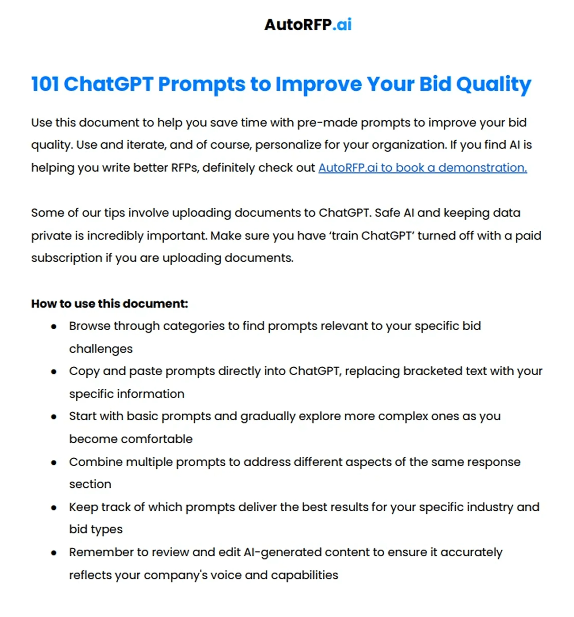 101 ChatGPT prompts guide for improving RFP bid quality and response writing