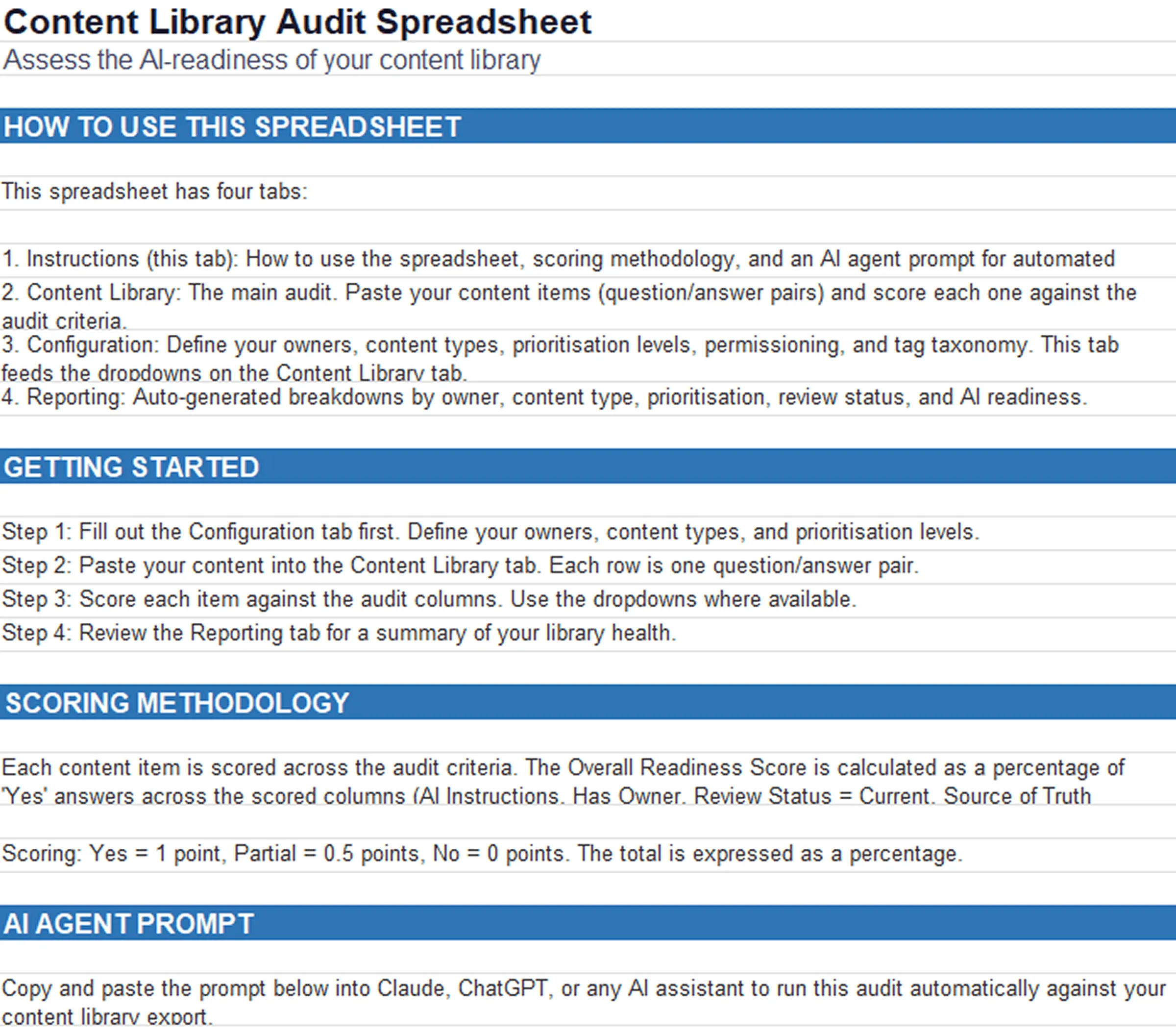 RFP content library audit spreadsheet for reviewing Q&A pairs and AI readiness