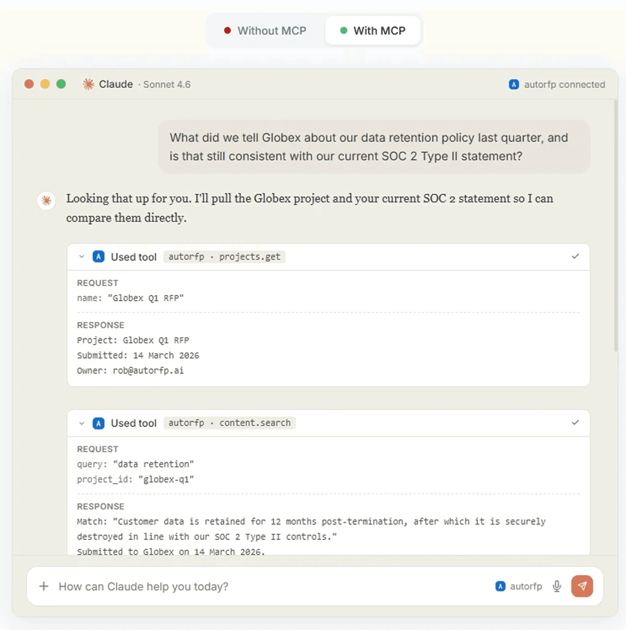 AutoRFP.ai MCP server connecting bid content library to AI assistants
