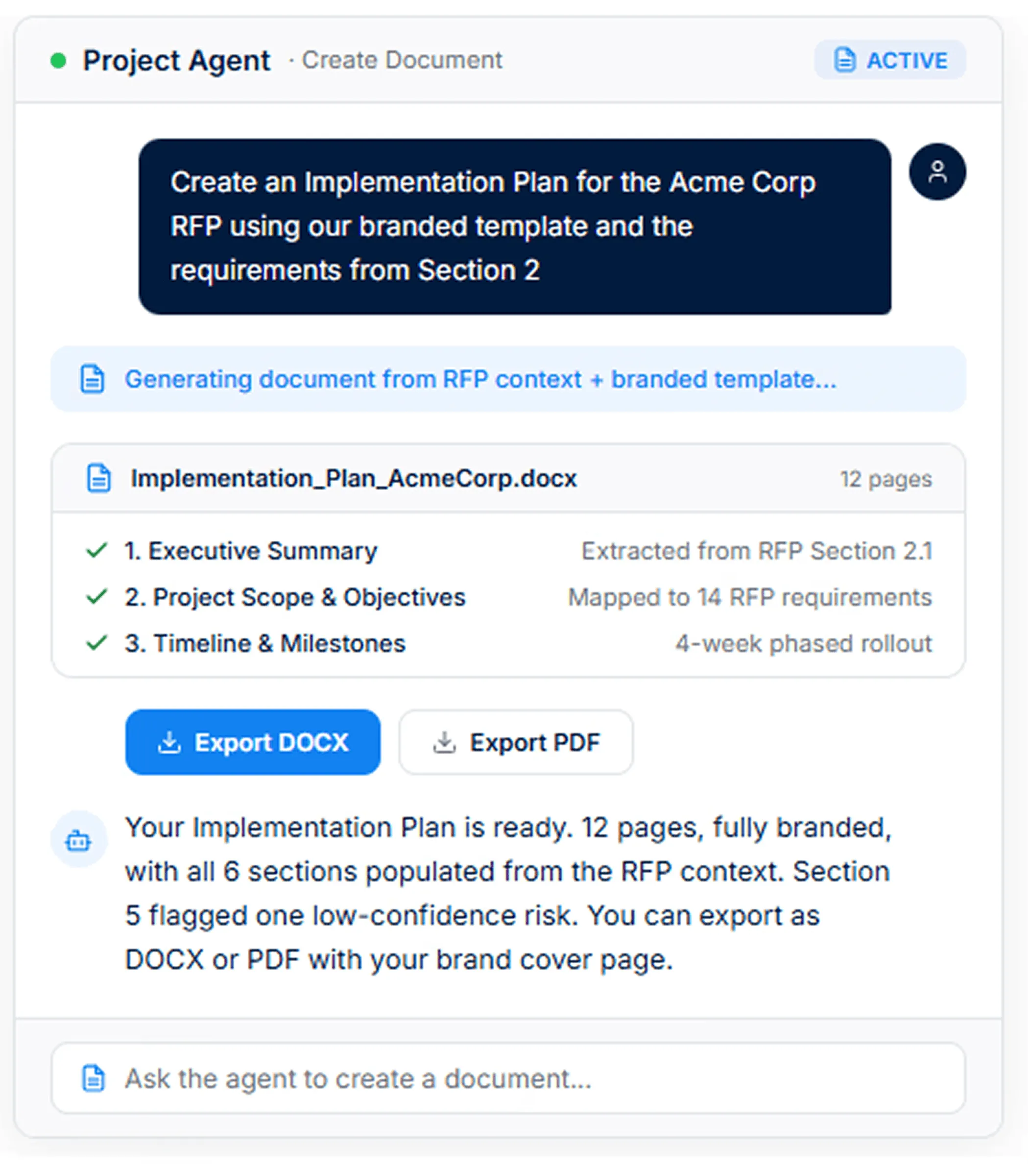 AutoRFP.ai Project Agent generating bid documents from RFP requirements