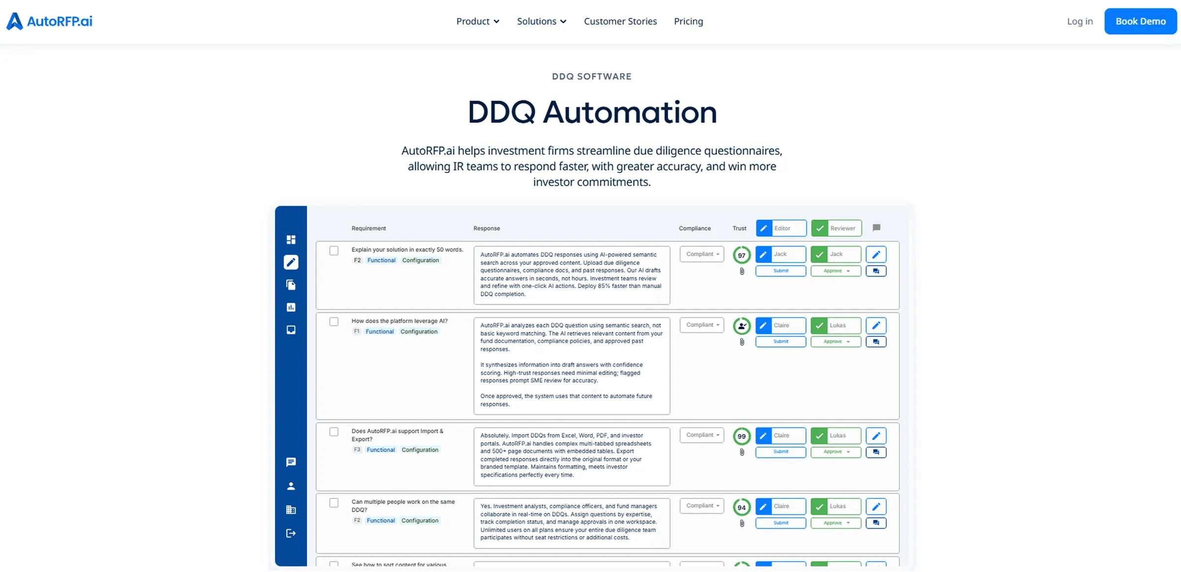 AutoRFP.ai dashboard for AIMA DDQ response automation showing question import and AI drafting