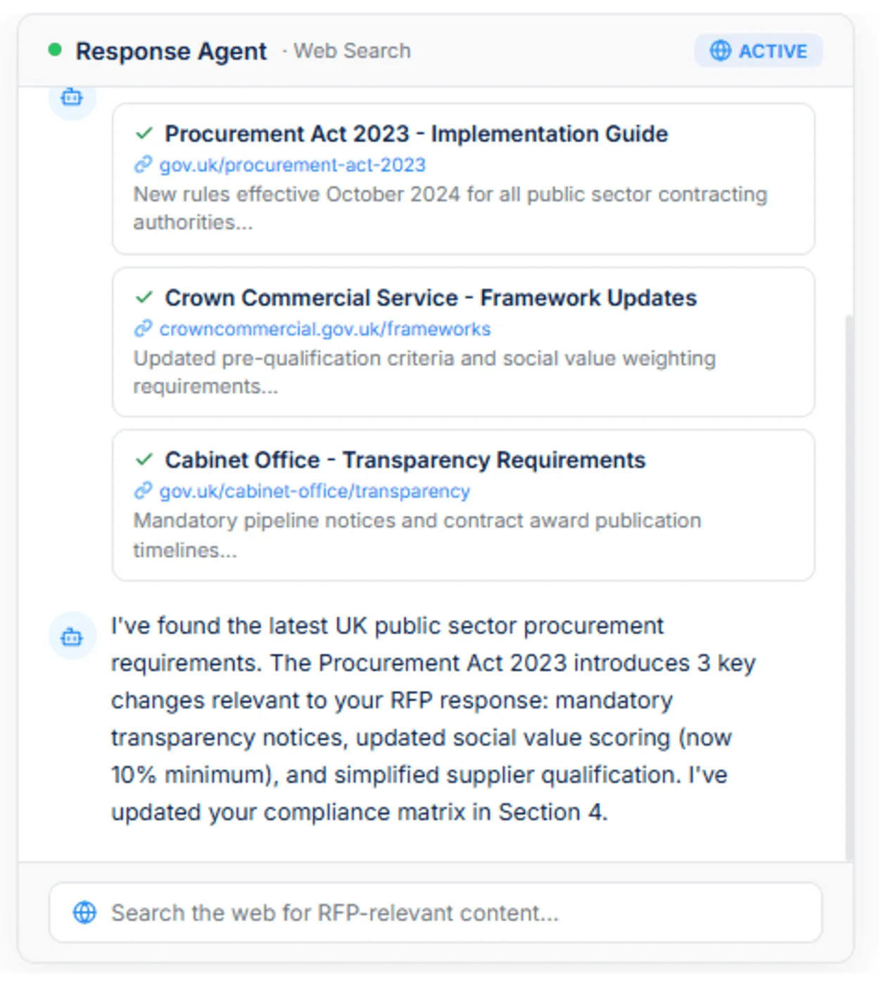 Interface for Live Web Search showing an AI agent retrieving real-time data to support proposal responses.