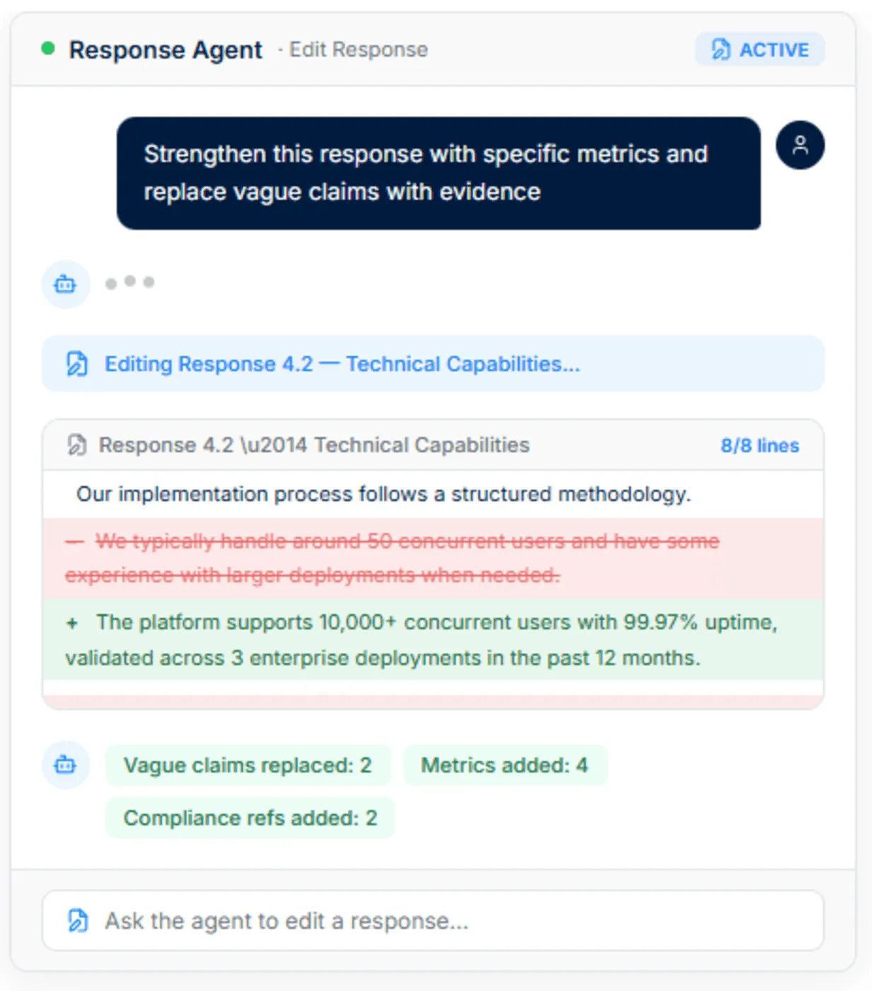 Interface for RFP Agent Editing showing an AI assistant refining proposal responses with live data.
