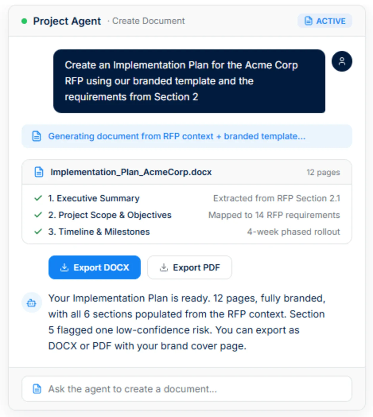 Interface for automated Document creation showing a step-by-step workflow for generating technical proposals.