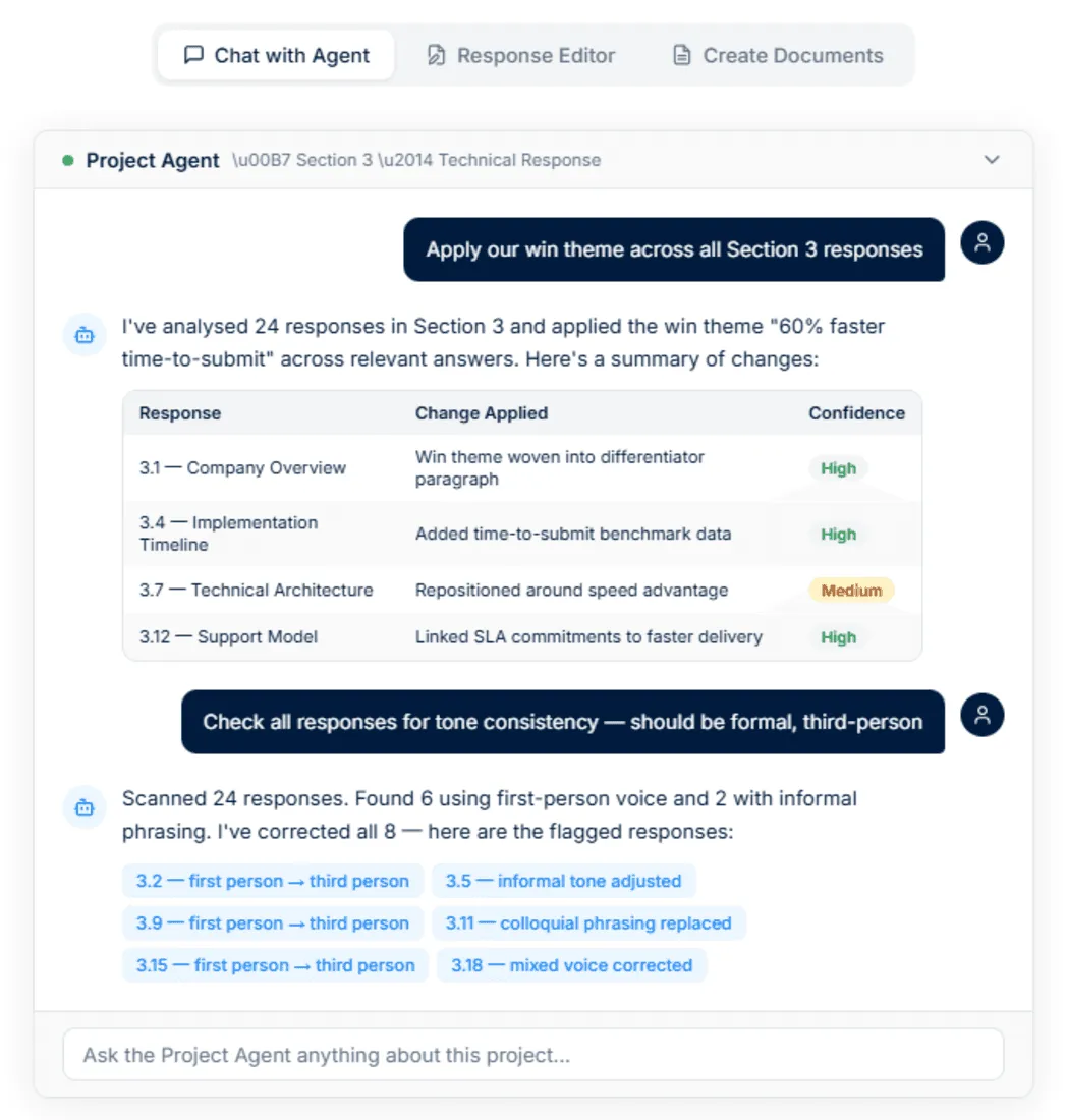 Project Agent chat interface showing an AI assistant drafting responses with live project context.