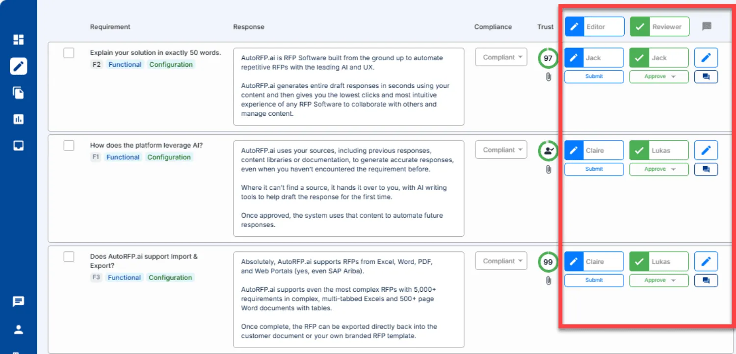 AutoRFP.ai side-by-side response management view