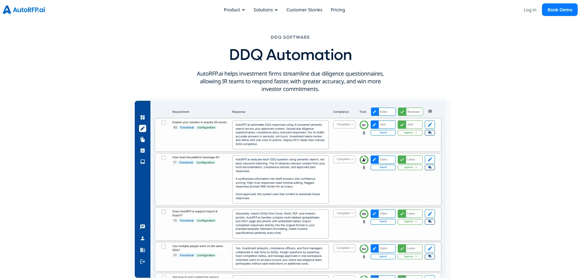 AutoRFP.ai ESG DDQ response workflow with source-backed drafting, Trust Scores, and evidence links