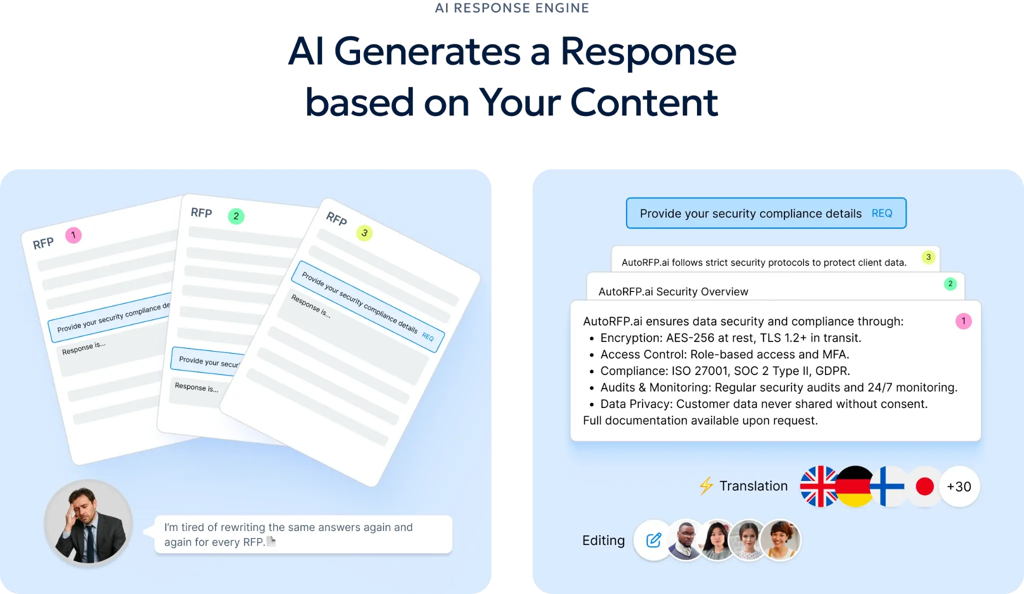 AutoRFP.ai multi-model response engine drafting ESG DDQ answers from approved content with trust scoring