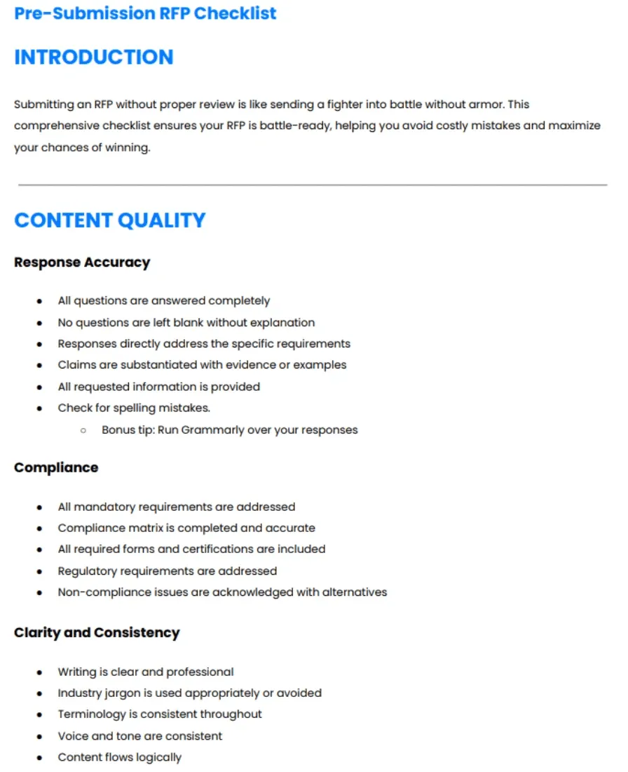 pre-submission RFP checklist