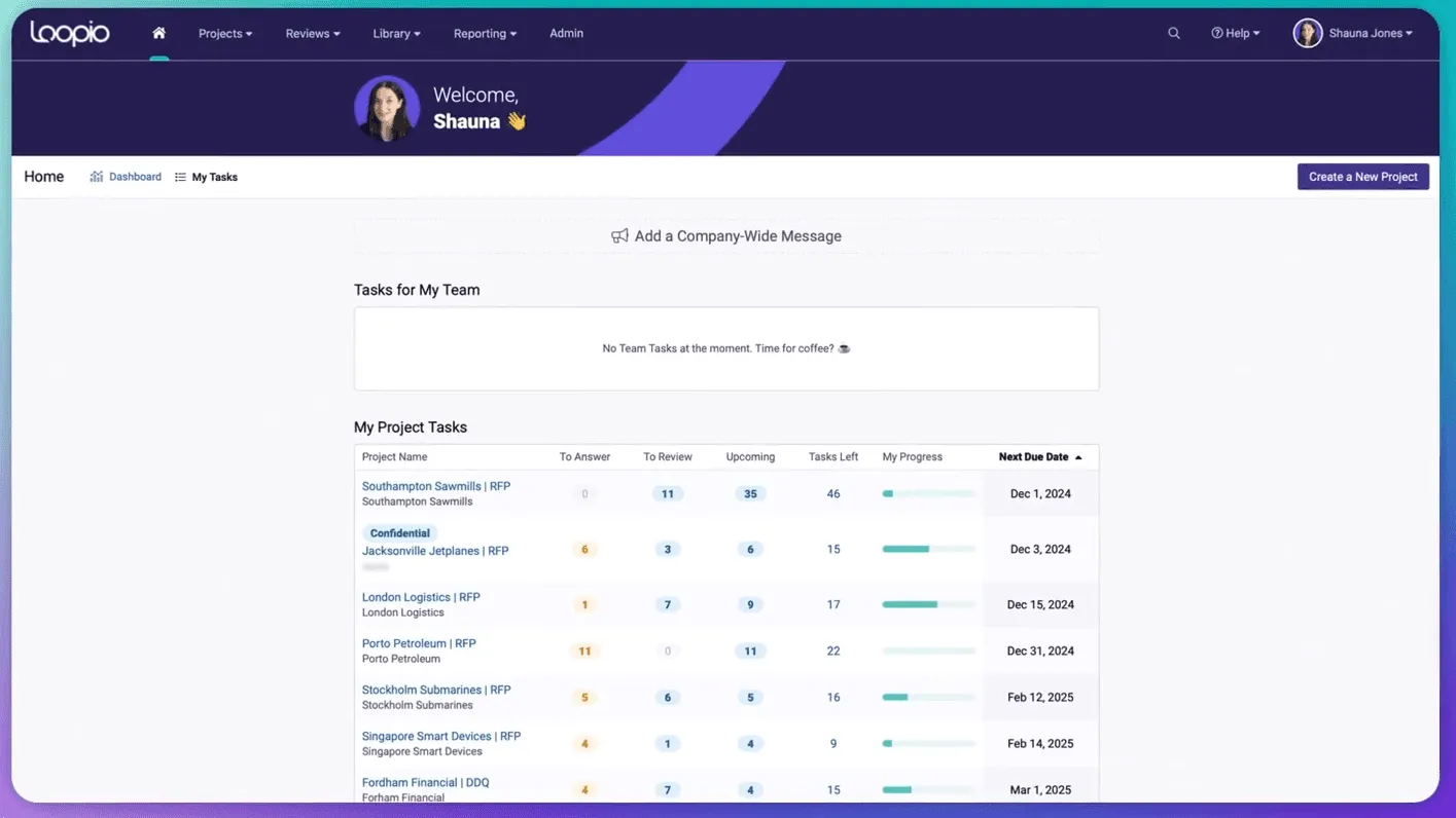 Loopio content library and response editor