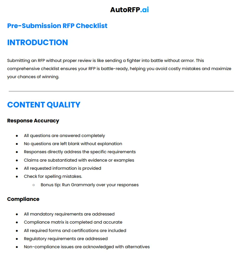 AutoRFP.ai Pre-Submission RFP Checklist covering content quality and compliance