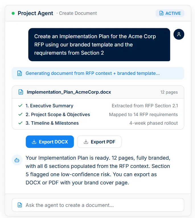 AutoRFP.ai Project Agent generating proposal outlines and compliance matrices
