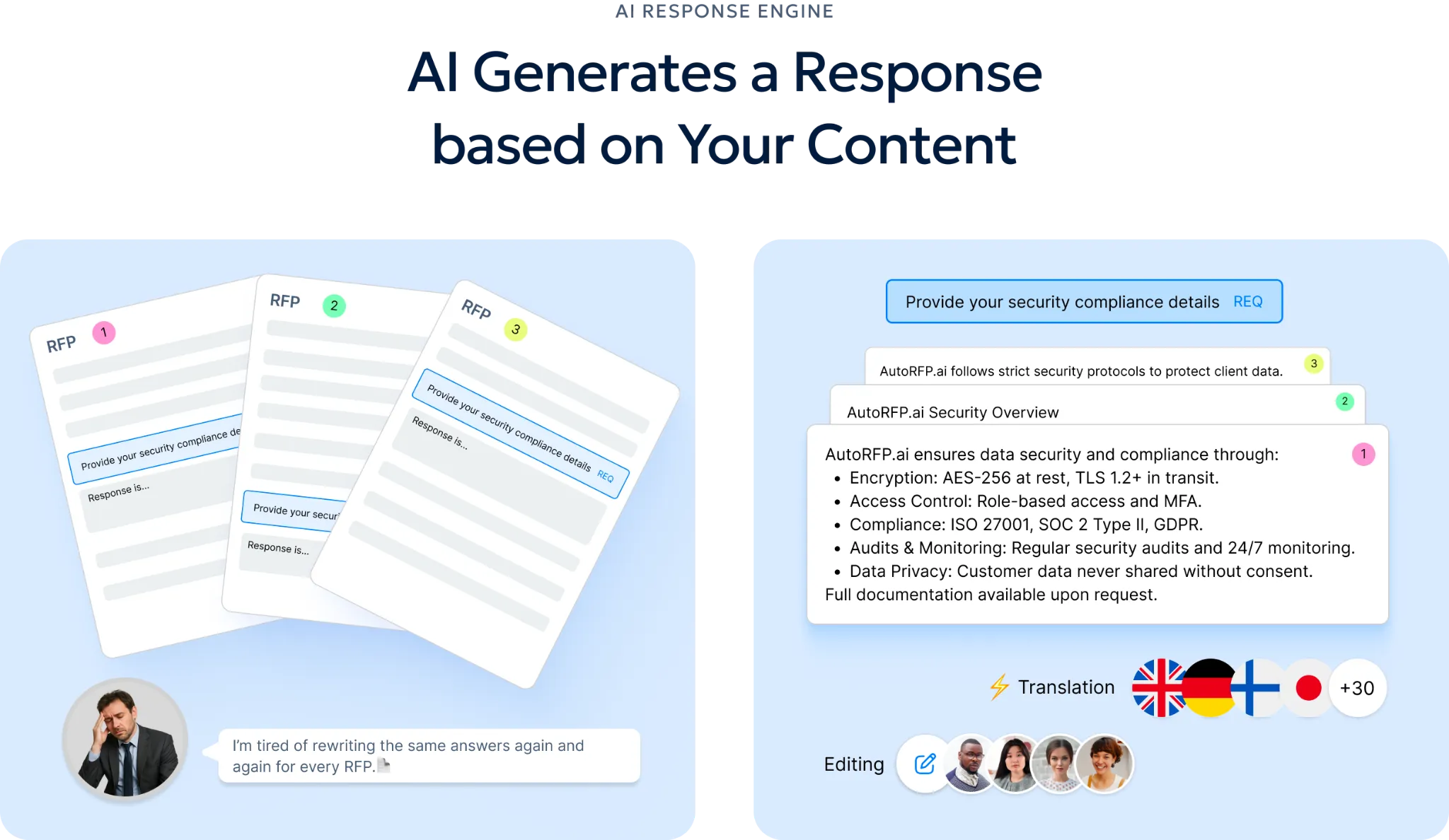 AutoRFP.ai generating a source-backed first-draft RFP response from approved content