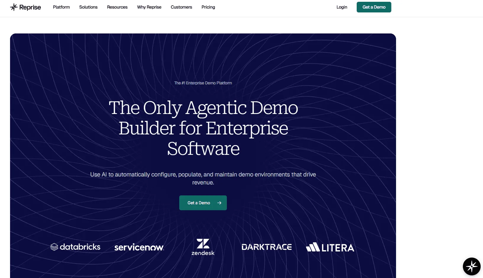 Reprise Homepage highlighting specialized solutions for complex enterprise demo environments.