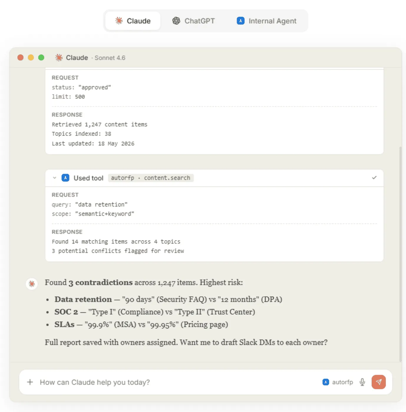 MCP server interface showing Claude analyzing content and identifying documentation contradictions.