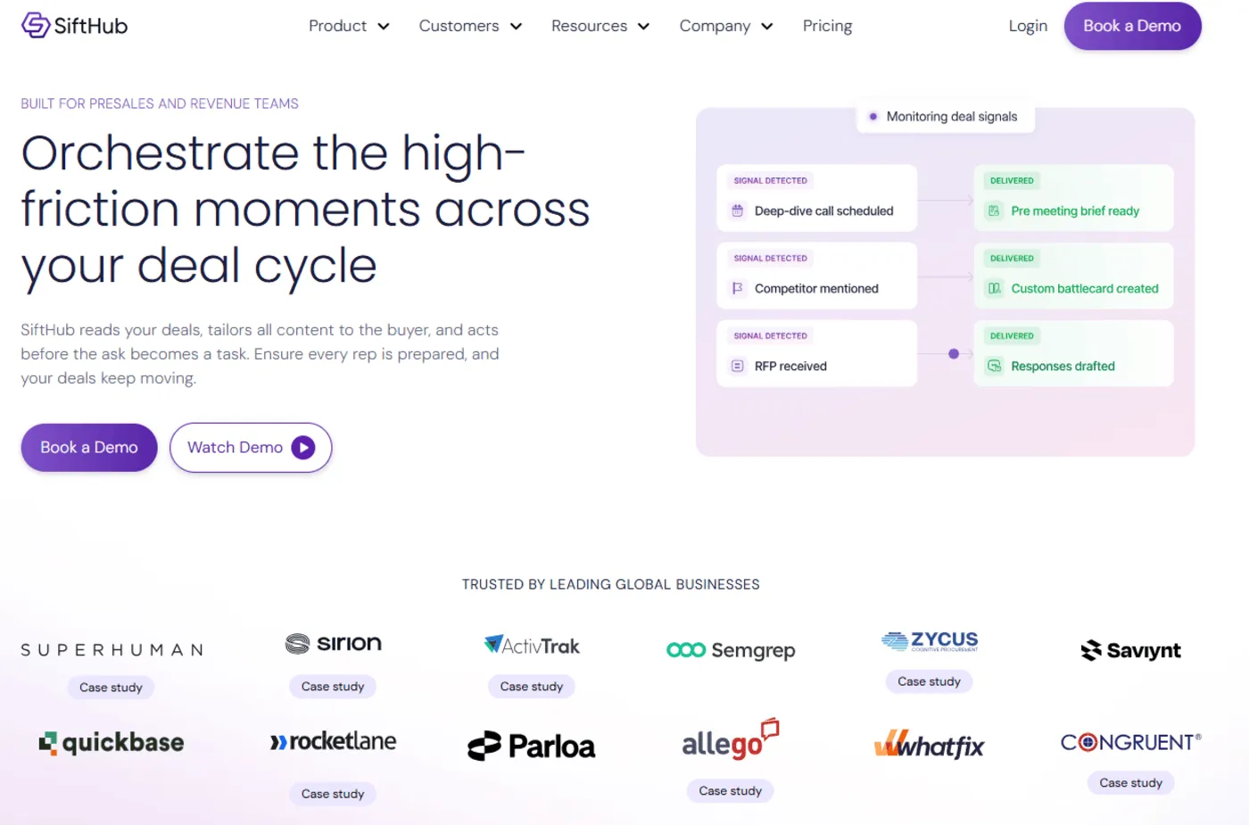 SiftHub Homepage featuring an AI-driven platform for sales engineering and security questionnaires.