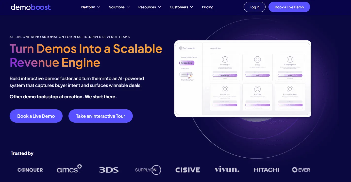 Demoboost Homepage featuring a platform for enterprise demo sharing and engagement analytics.