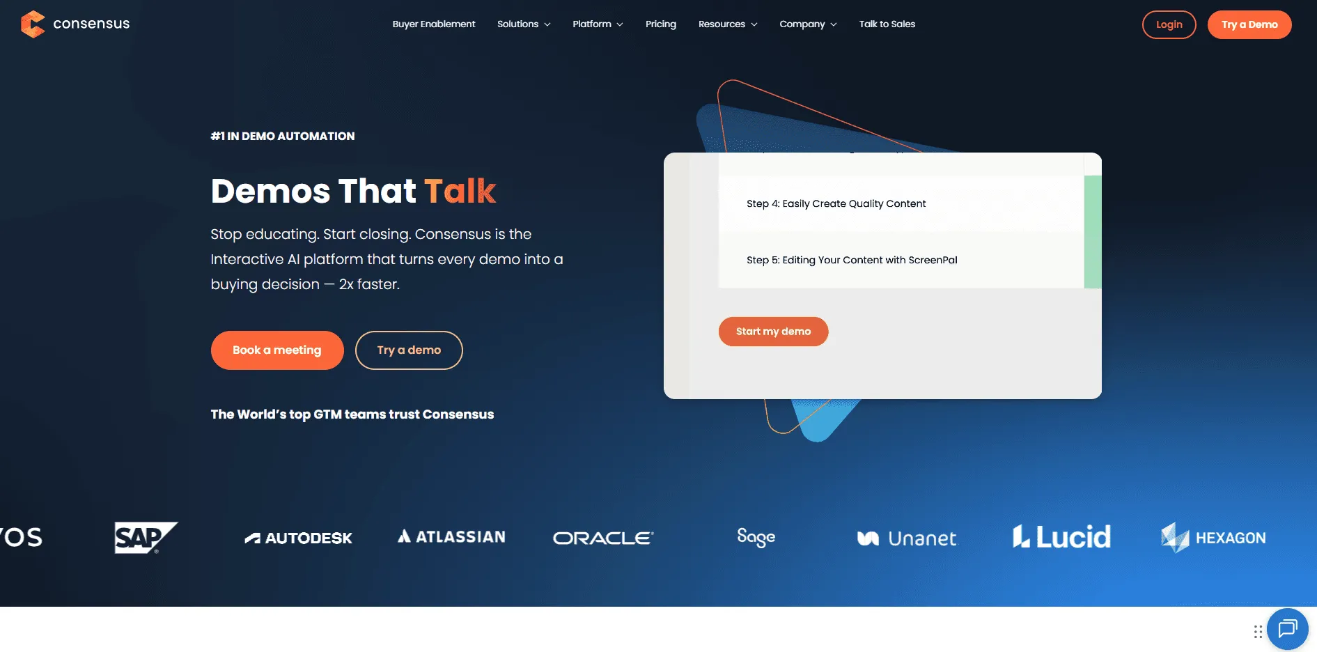 Consensus Homepage showcasing a buyer-led demo automation platform for pre-sales teams.