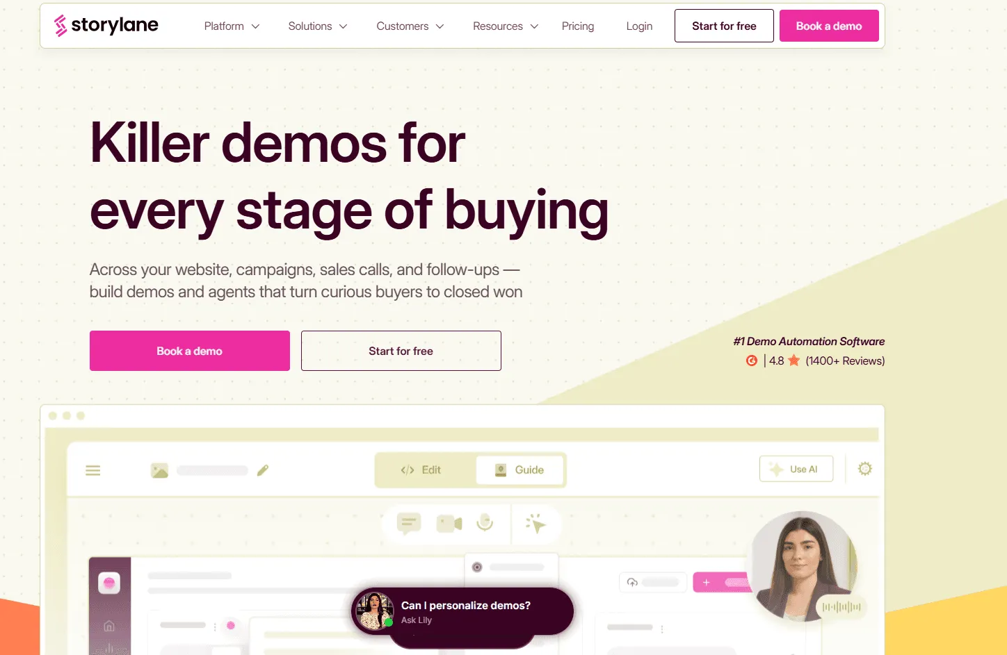 Storylane Homepage showcasing a platform for fast, interactive demos with accessible pricing.