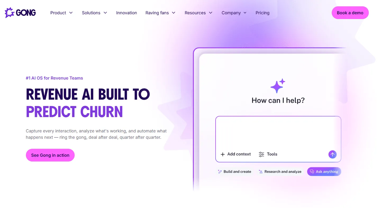 Gong Homepage showcasing a platform for conversation intelligence in pre-sales workflows.