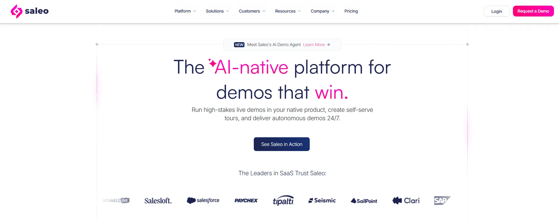 Saleo Homepage showcasing a platform for live demo personalization in native products.