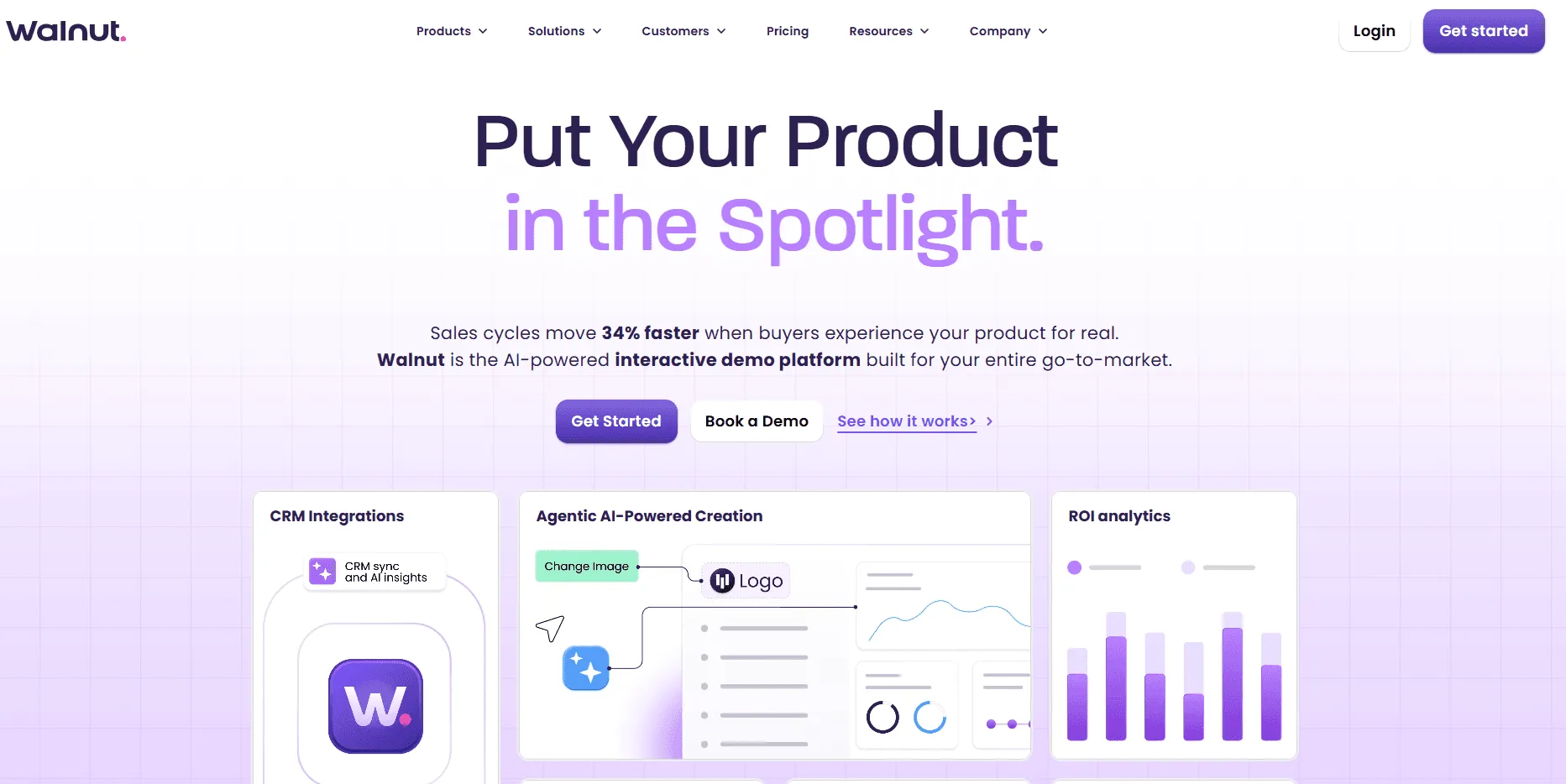 Walnut Homepage highlighting personalized interactive demos and collaborative deal rooms.
