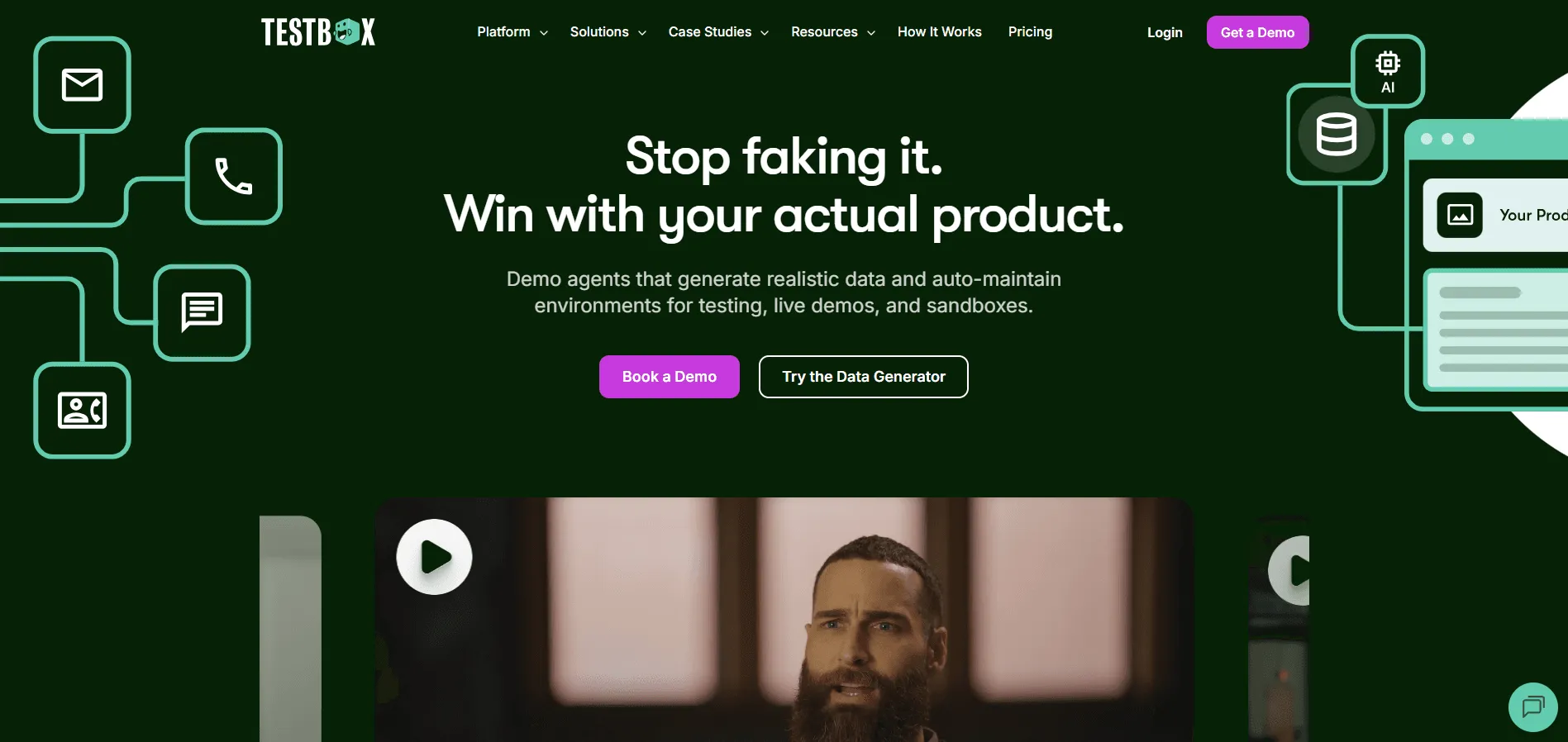 TestBox Homepage showcasing a platform for POC automation and data-rich sandboxes.