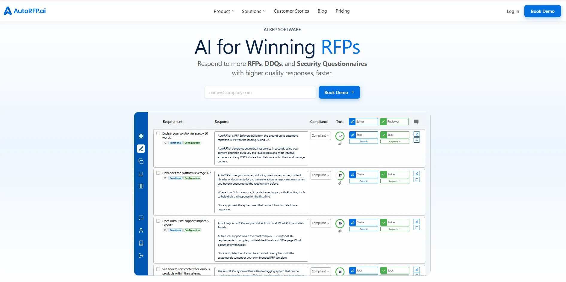 AutoRFP.ai collaborative RFP workspace with requirements, responses, compliance status, Trust Scores, and reviewer assignments