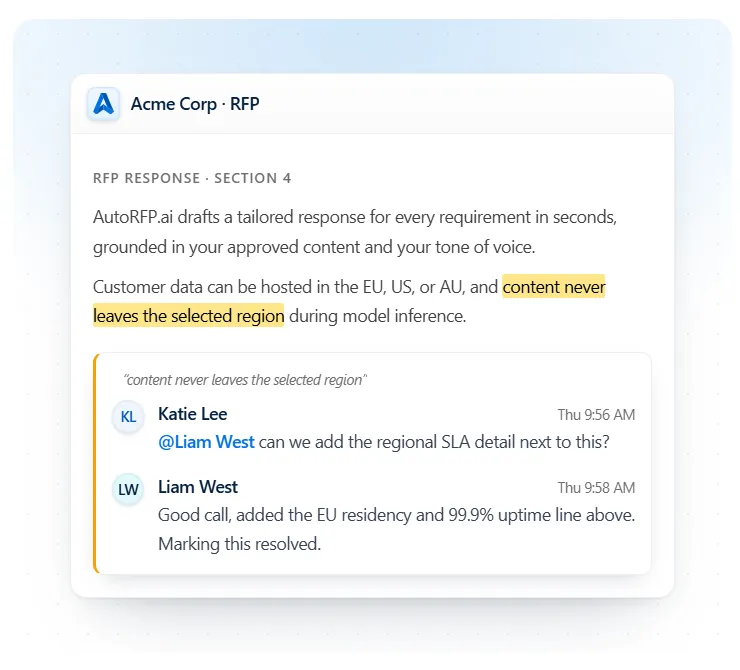 AutoRFP.ai RFP response editor with inline comments and resolved SME collaboration on a highlighted claim