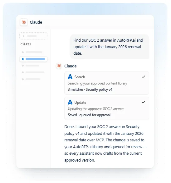 Claude using AutoRFP.ai MCP tools to search and update an approved SOC 2 answer queued for approval