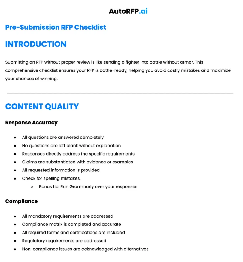 AutoRFP.ai Pre-Submission RFP Checklist covering content quality, response accuracy, and compliance checks