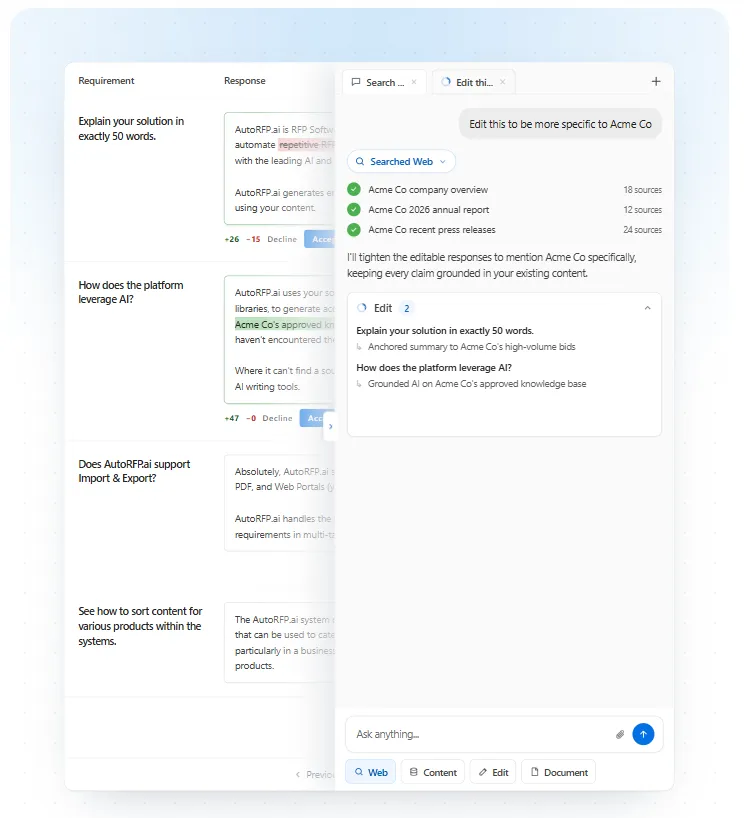 AutoRFP.ai Project Agent editing multiple RFP responses in place with before-and-after diffs for Acme Co