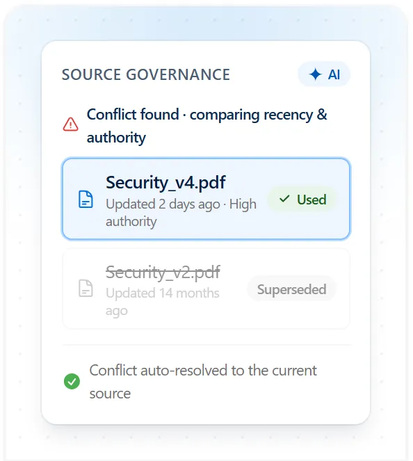 AutoRFP.ai source governance resolving a conflict between Security_v4.pdf and superseded Security_v2.pdf