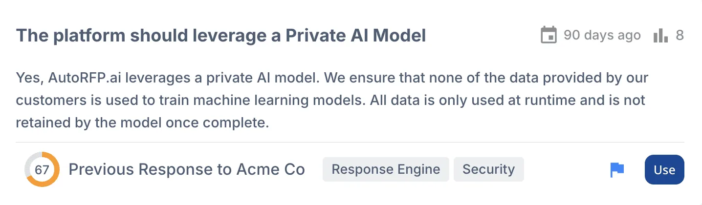 AutoRFP.ai trust score and source citation shown on a generated response
