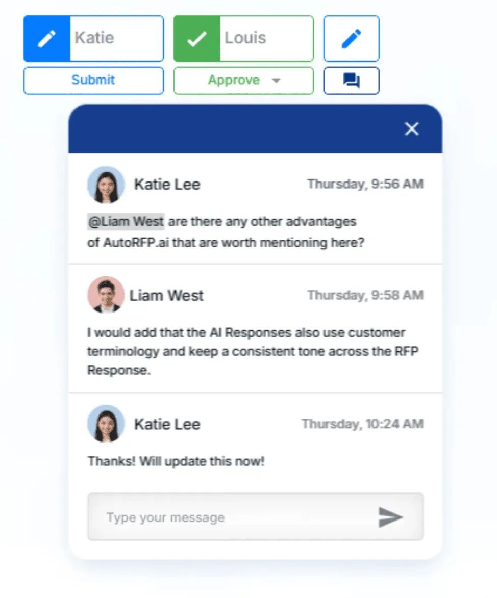 AutoRFP.ai showing real-time collaboration with in-progress, submitted, and approved RFI stages