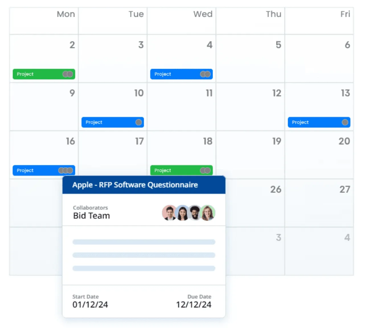 AutoRFP.ai calendar view of active RFIs with owners, due dates, and public holidays