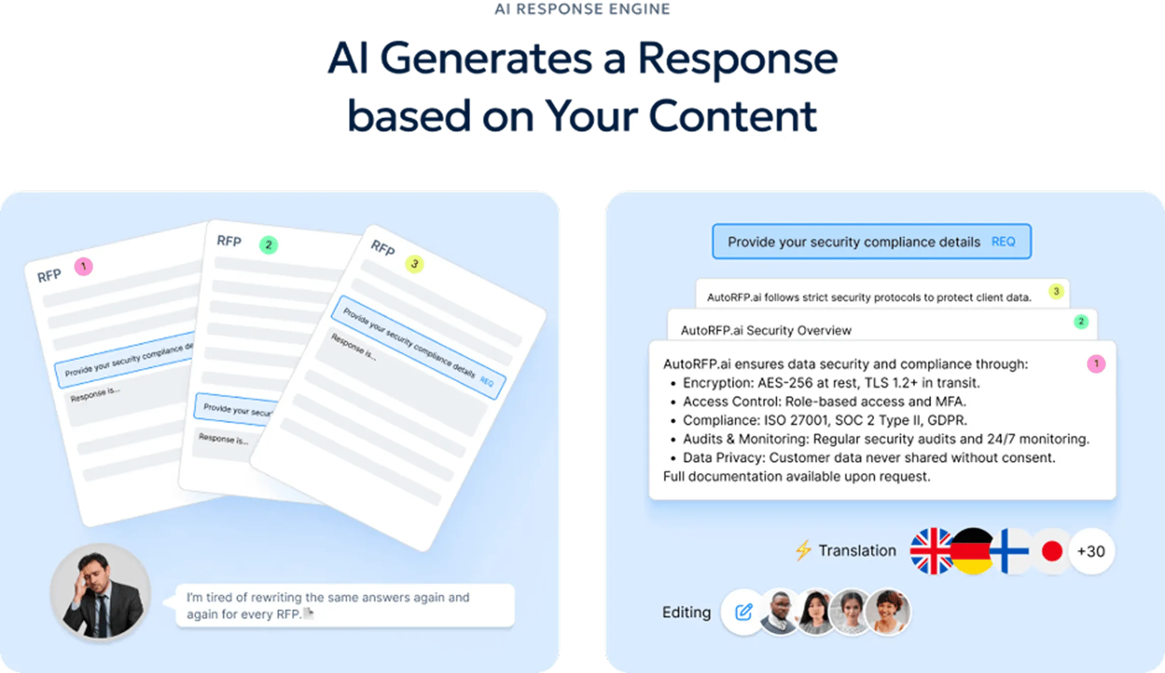 AutoRFP.ai AI Response Engine generating a security compliance answer.