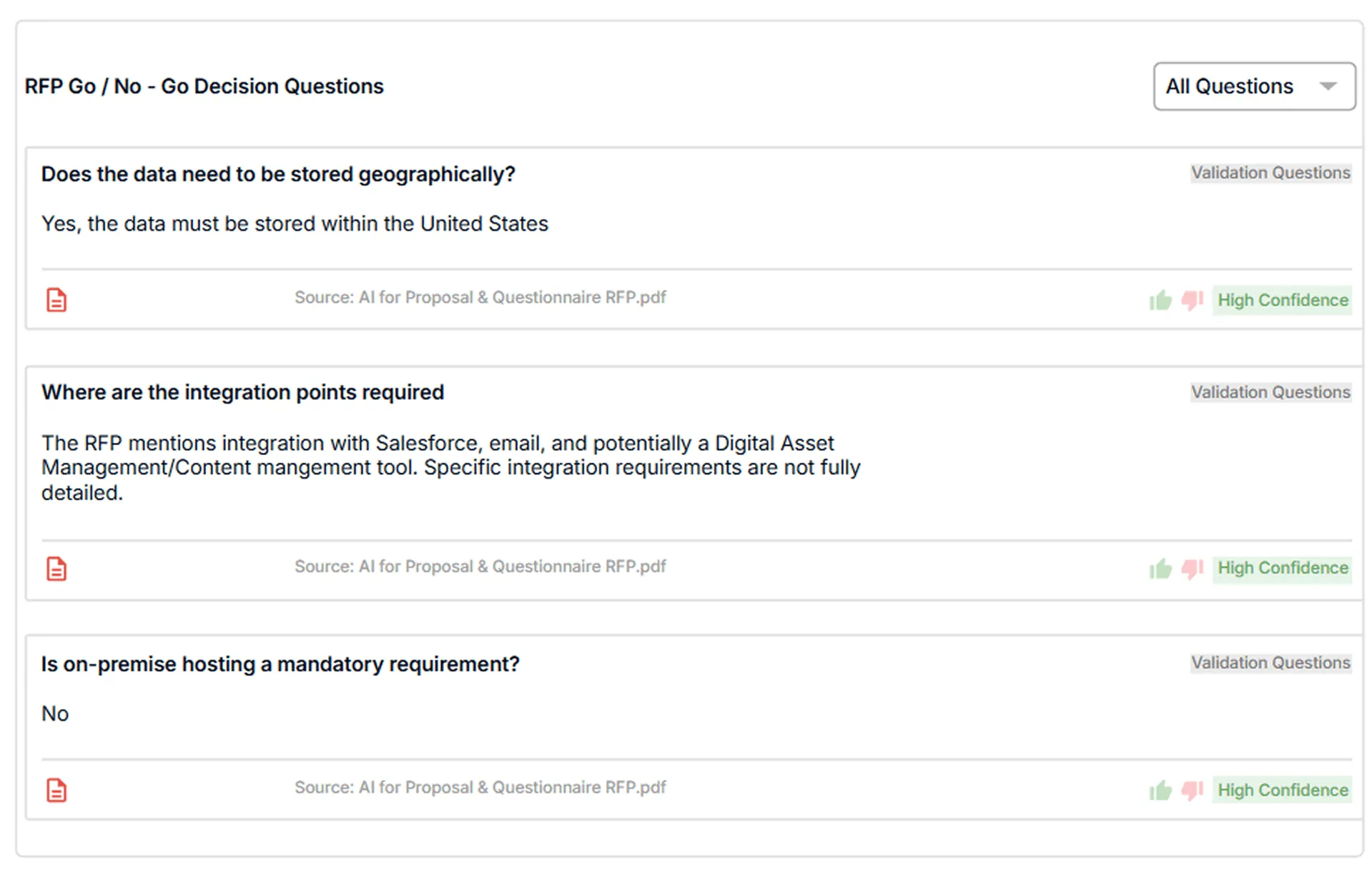 AutoRFP.ai Go/No-Go decision questions interface with high-confidence answers.