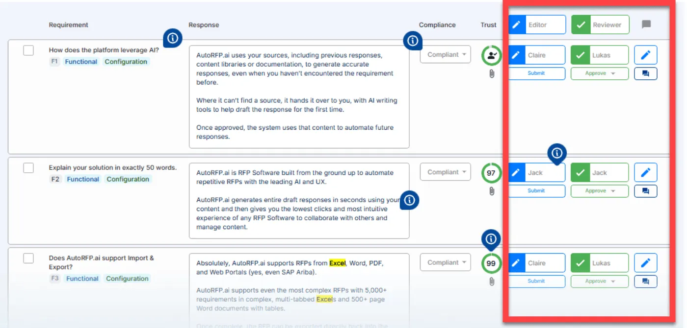 Multiple teammates collaborating on an RFP response in real time in AutoRFP.ai