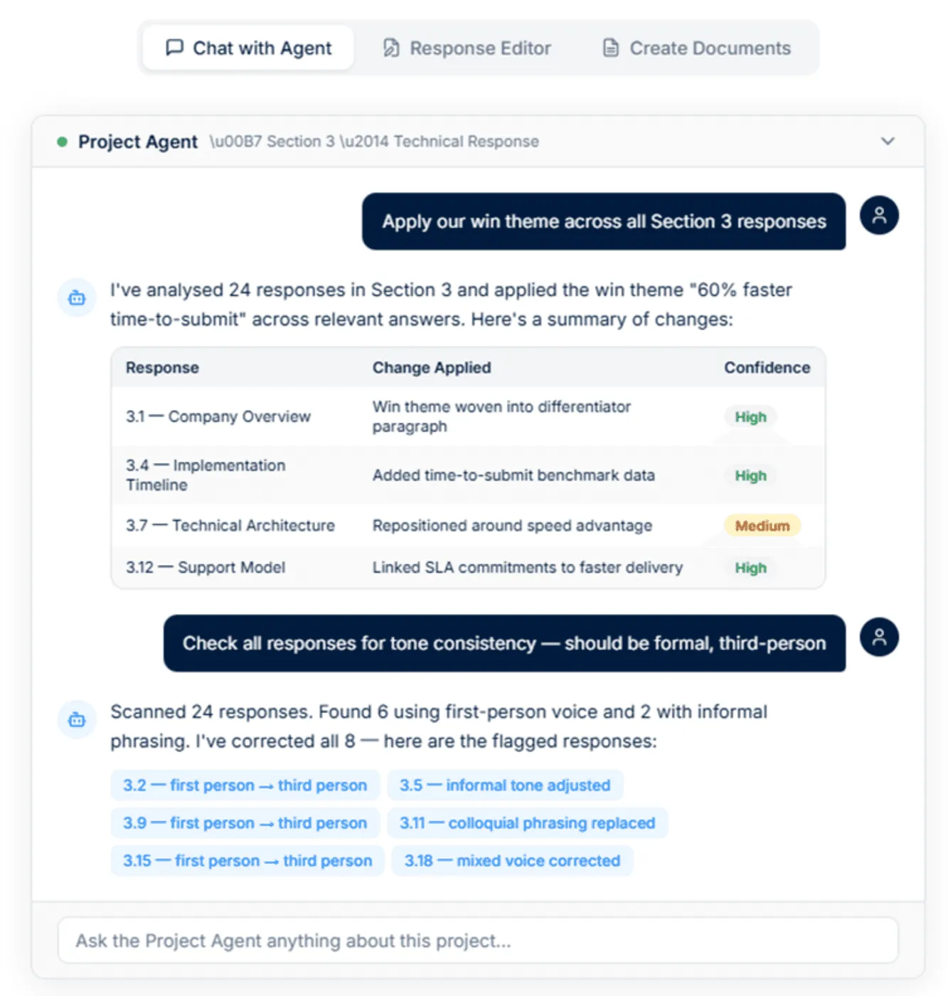 AutoRFP.ai’s Project Agent helps keep that message connected throughout the response.