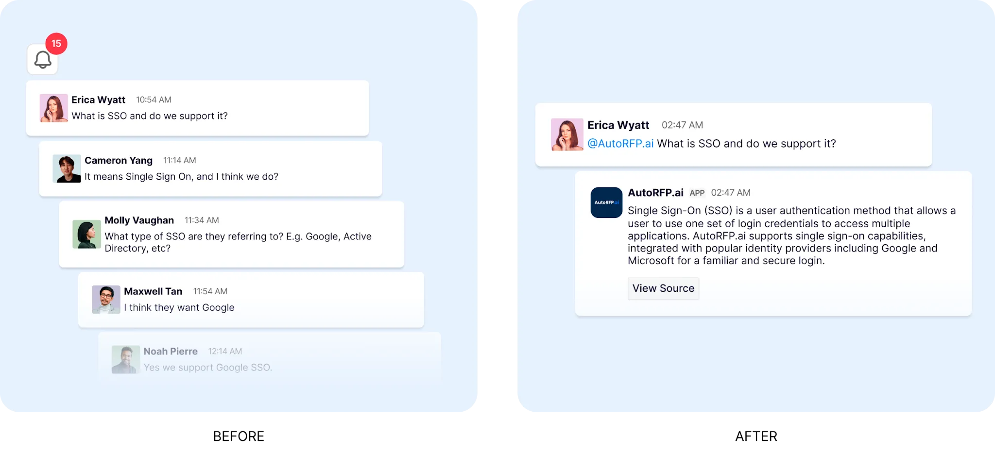 AutoRFP.ai AI Q&A Bot answering sourced questions in Slack