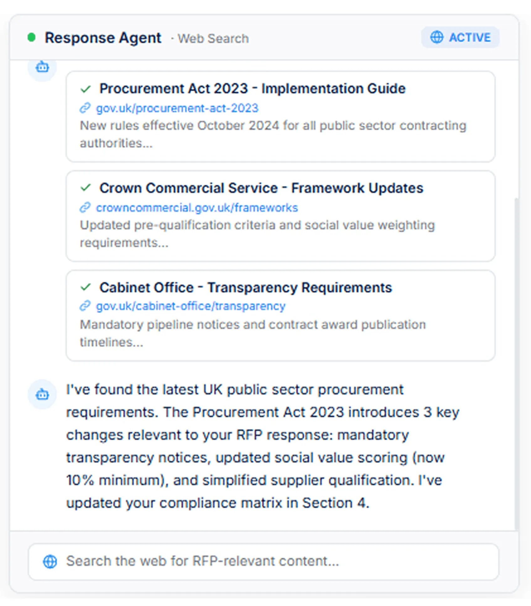 AutoRFP.ai Response Agent pulling current procurement and compliance references from the web to support an RFP answer.