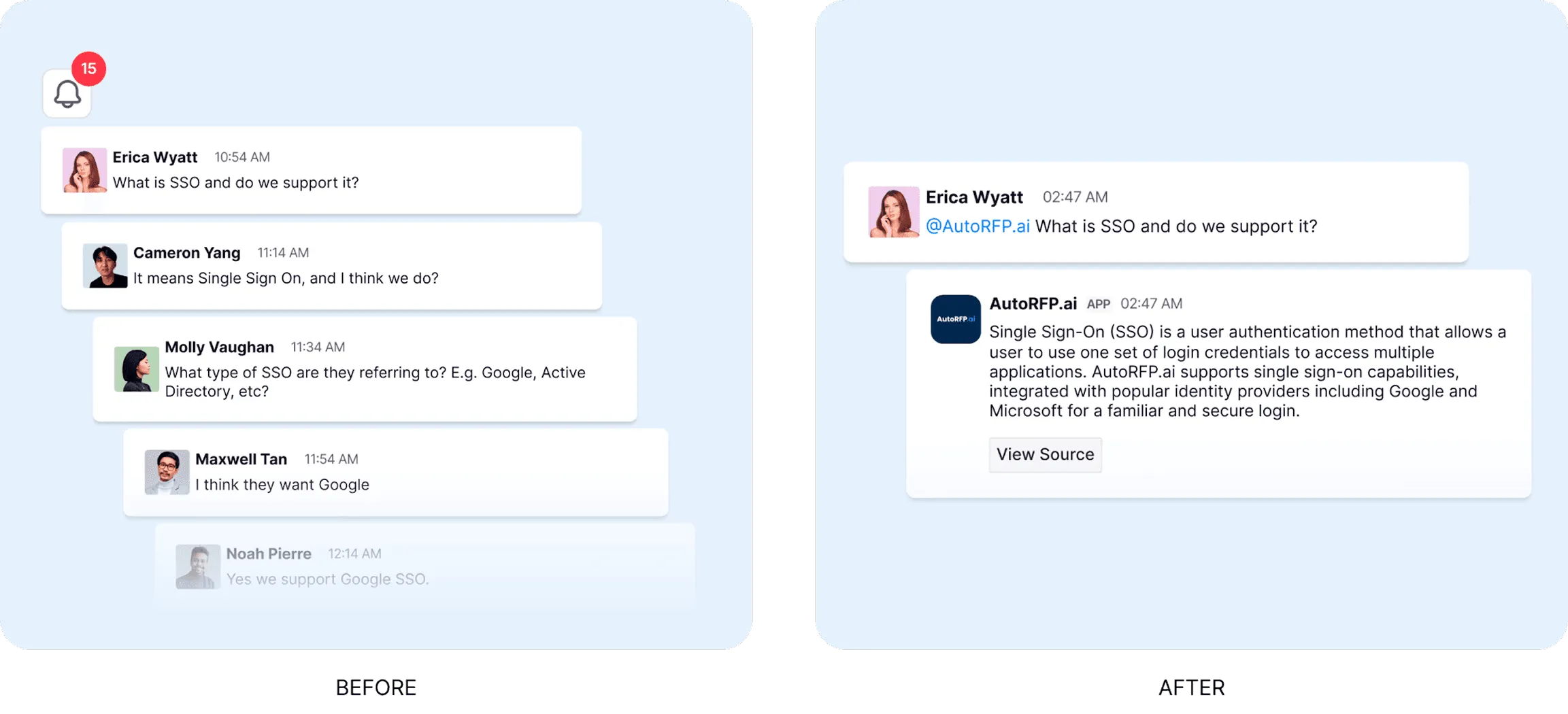 Lengthy Slack chat chasing an SSO answer versus AutoRFP.ai's Q&A bot returning a sourced answer instantly.