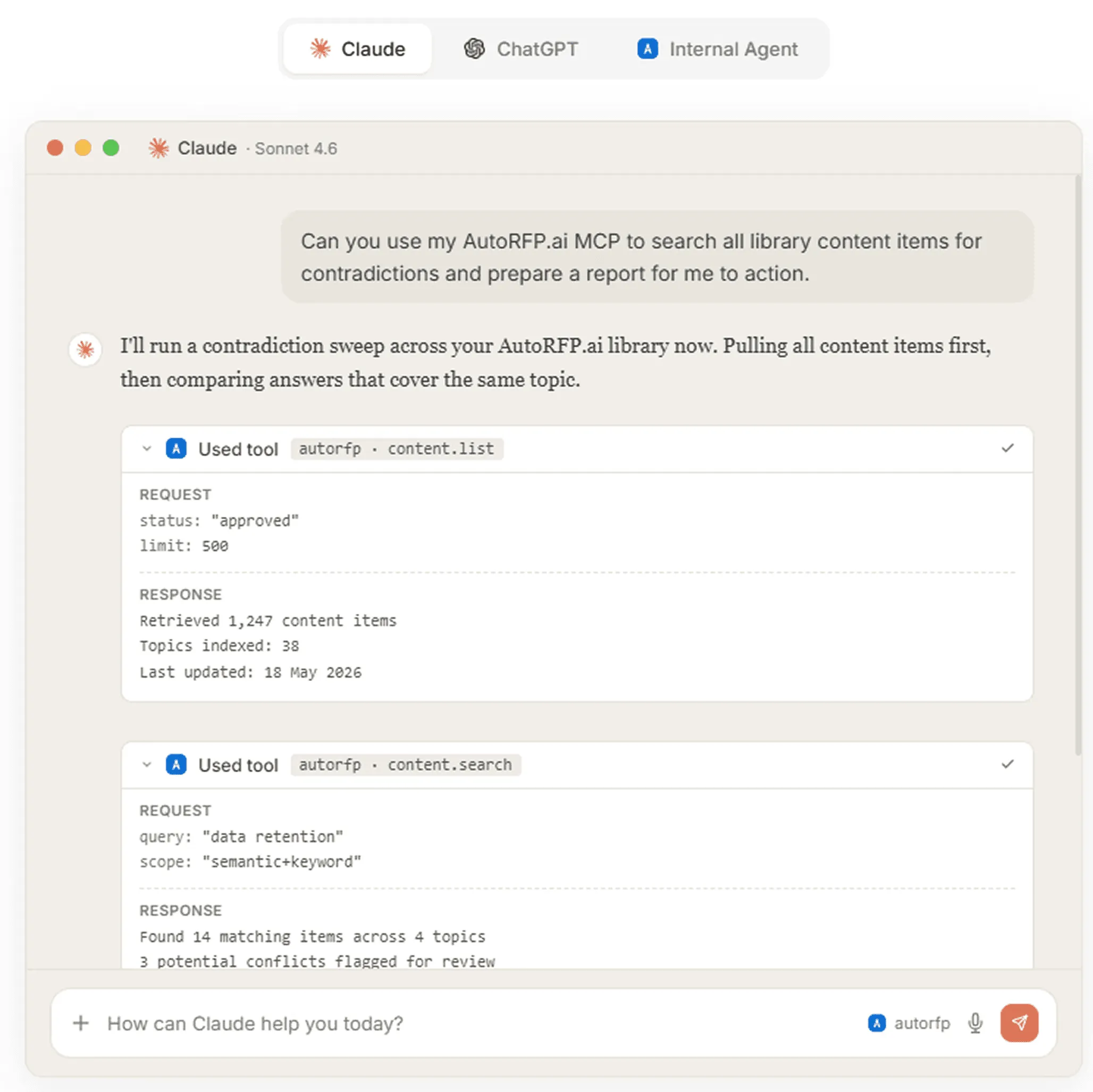 Claude using the AutoRFP.ai MCP connector to sweep the content library for contradictions across approved answers.
