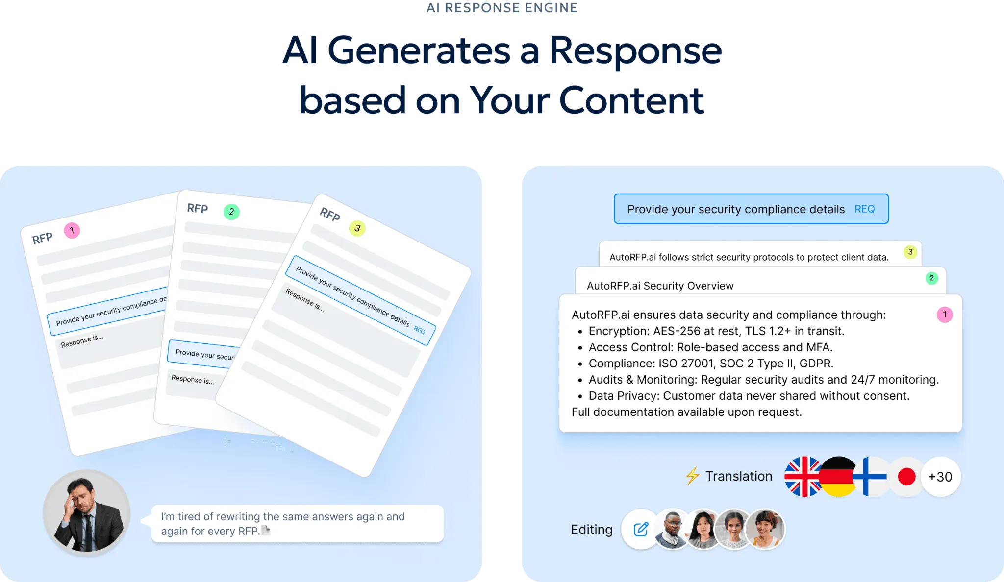 AutoRFP.ai AI Response Engine generating a security compliance answer with translation and collaborative editing.